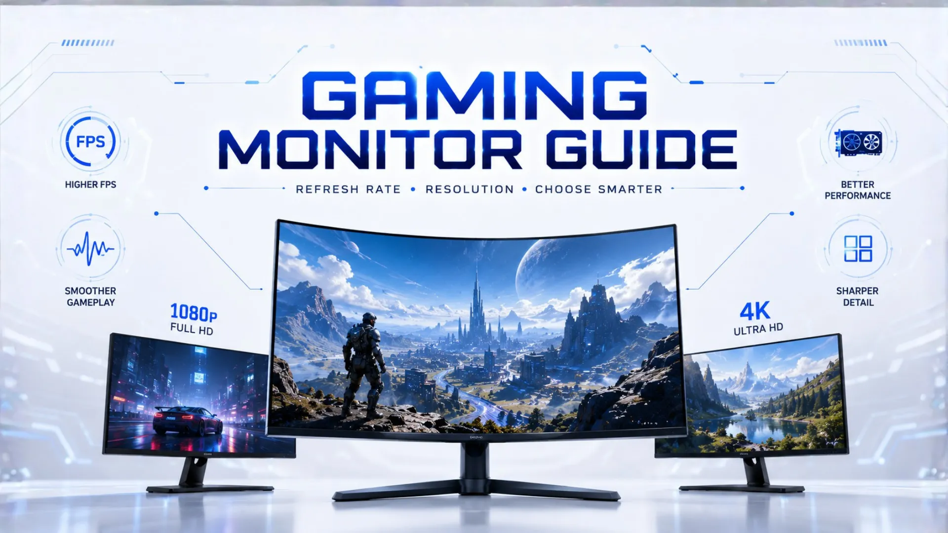 Gaming monitor guide showing refresh rate resolution and monitor selection